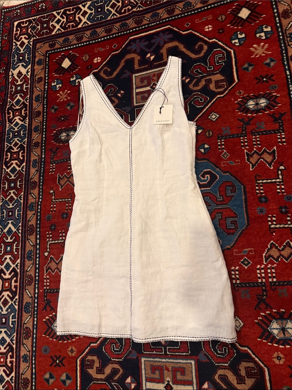 Crescent Amara Contrast Stitch V-Neck Linen Mini Dress  Size M NWT!